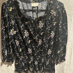 Black Floral Peasant Blouse with Smocked Hem